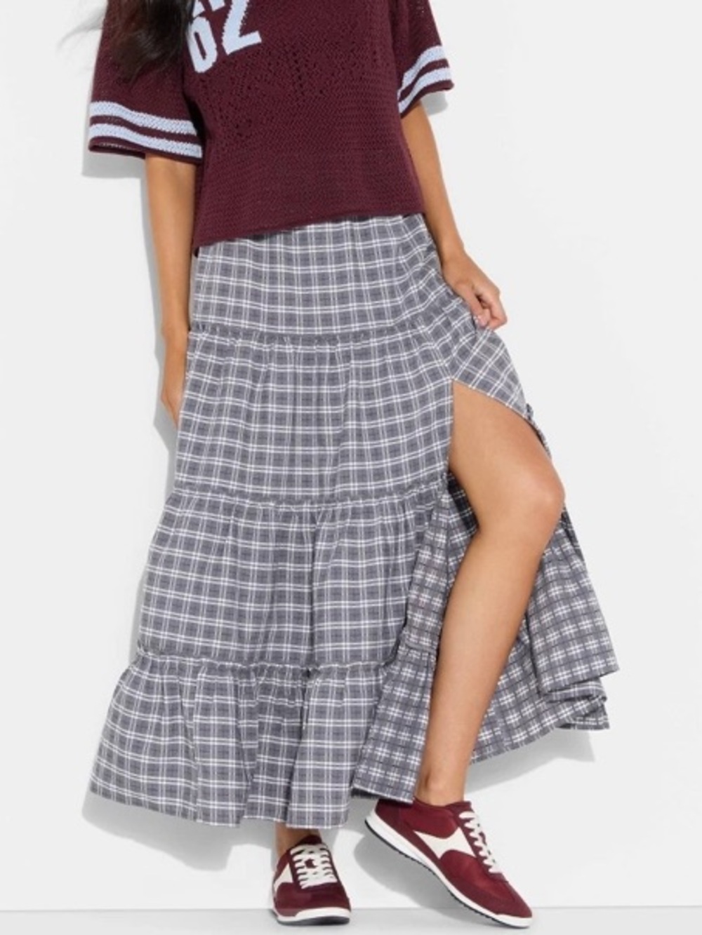Wild Fable Gray Plaid Tiered Maxi a-Line Skirt